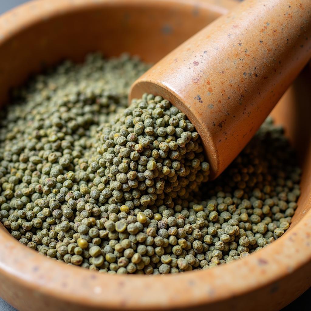 Sicilian oregano seeds being ground in a mortar and pestle