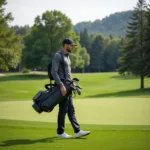 Golfer carrying a single strap golf bag on a golf course