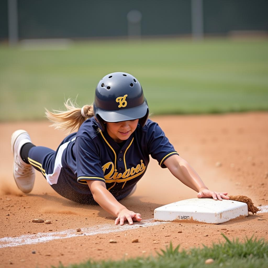 Softball player sliding into base