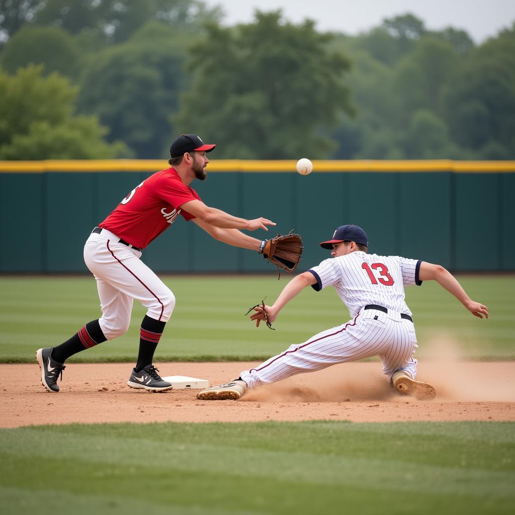 Softball defensive play at first base