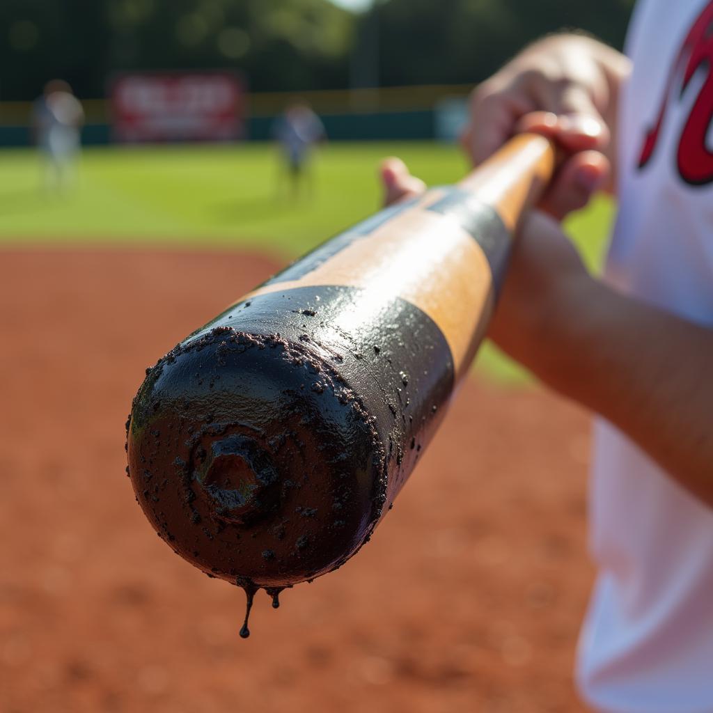 A baseball player gripping a bat with a sticky substance.