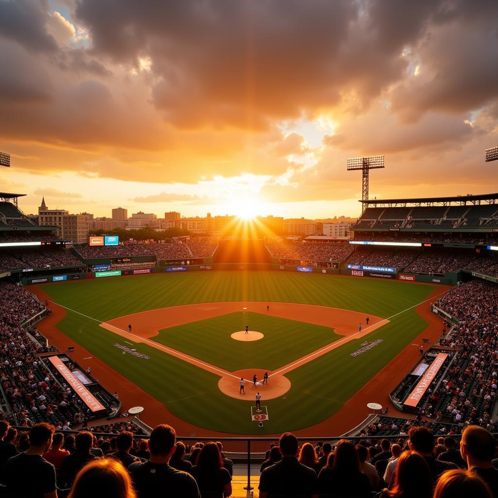 Sunset baseball game during golden hour