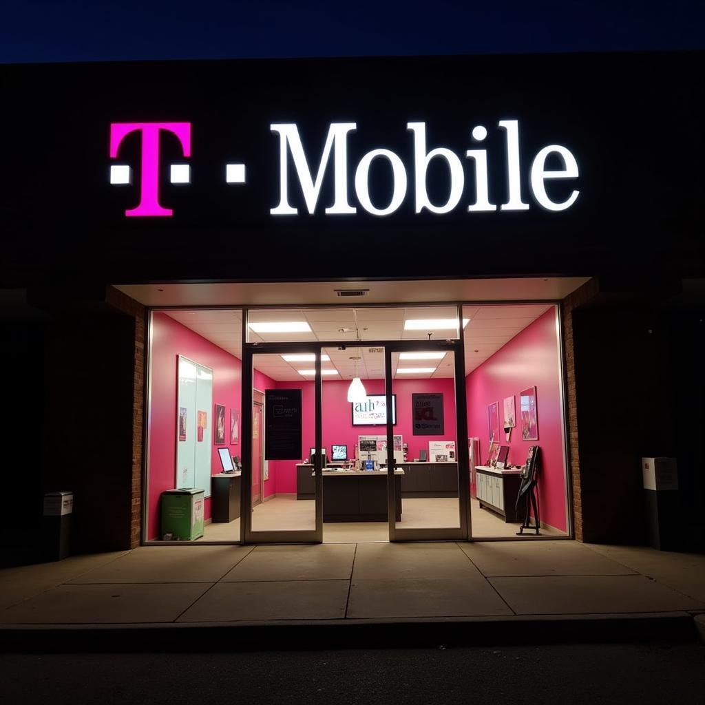 Exterior view of a brightly lit T-Mobile store in St. Louis at night, showcasing the company's branding and inviting atmosphere.