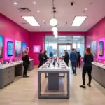 Modern and spacious T-Mobile store interior in St. Louis, showcasing a wide selection of smartphones and accessories, with friendly staff assisting customers.