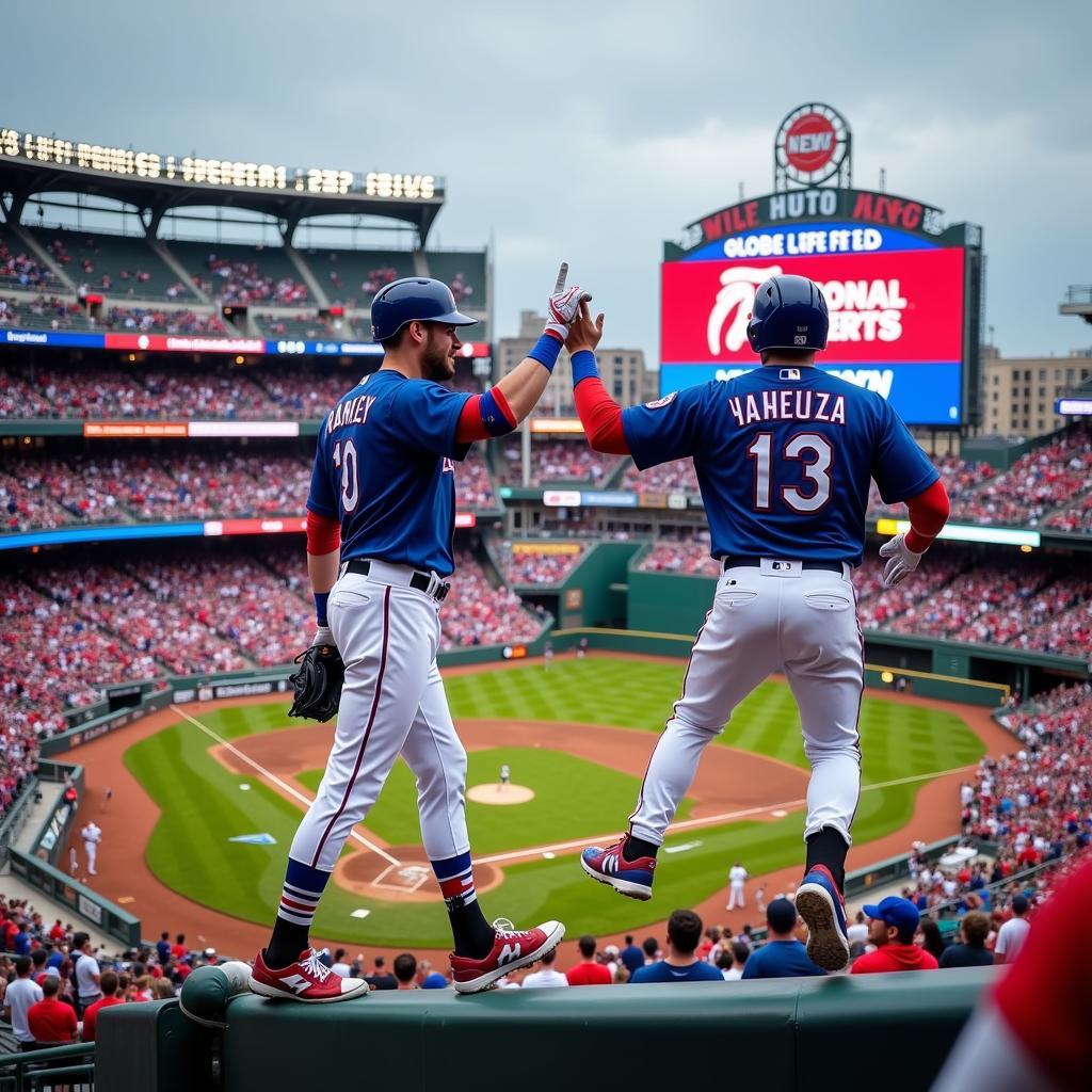 Texas Rangers players celebrating a home run at Globe Life Field