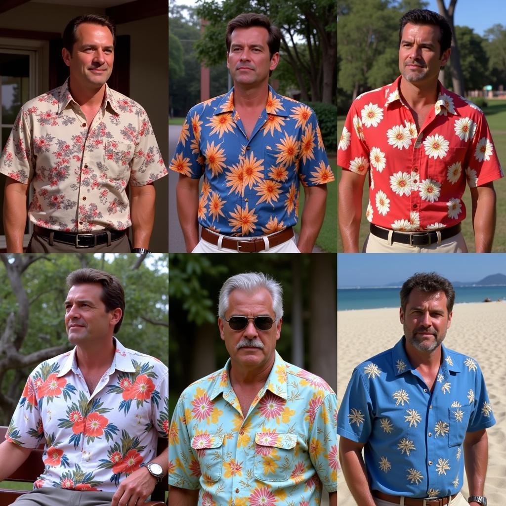 Tom Selleck showcasing different Hawaiian shirts in Magnum PI