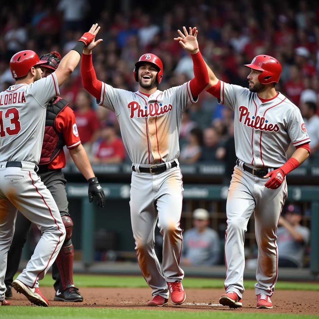 A baseball player celebrating a home run with his team