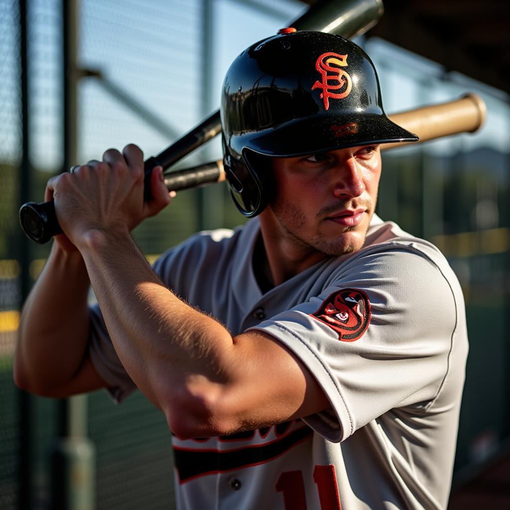 A baseball player practicing batting in a cage