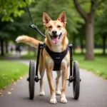 Tripod dog enjoying a walk with a supportive harness