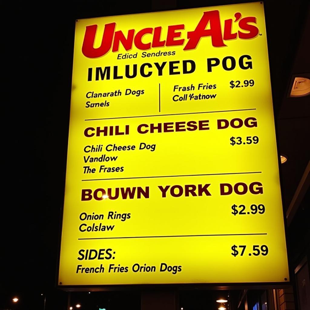 Uncle Al's Menu Board showcasing their various hot dogs and sides.