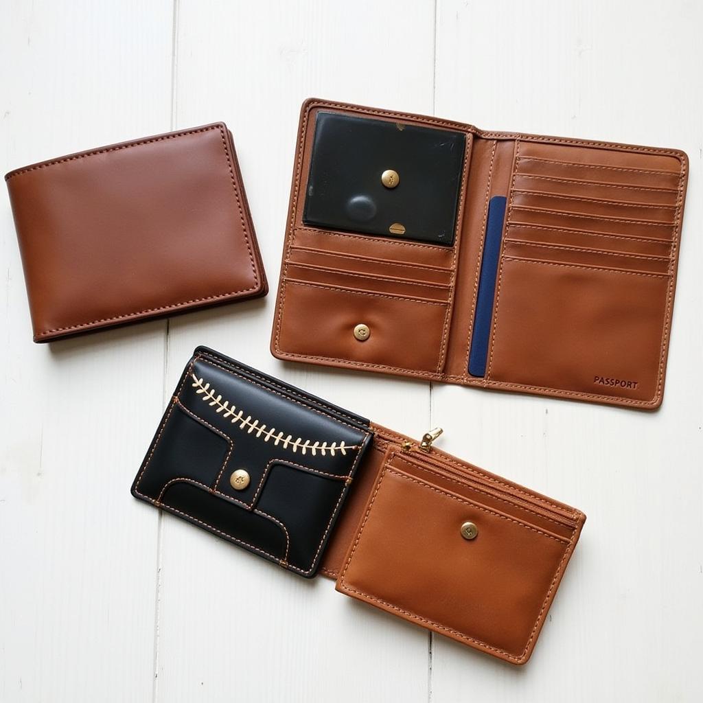 Different styles of leather baseball wallets: bifold, trifold, and travel wallet.