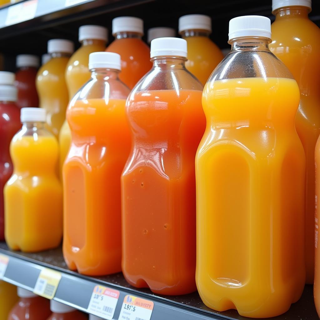 Various Sizes of Plastic Juice Bottles Arranged on a Shelf