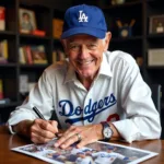 Vin Scully Signing a Baseball Photo