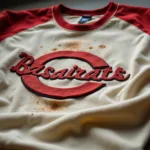 Close-up view of a vintage baseball sweatshirt highlighting its worn texture and faded team logo