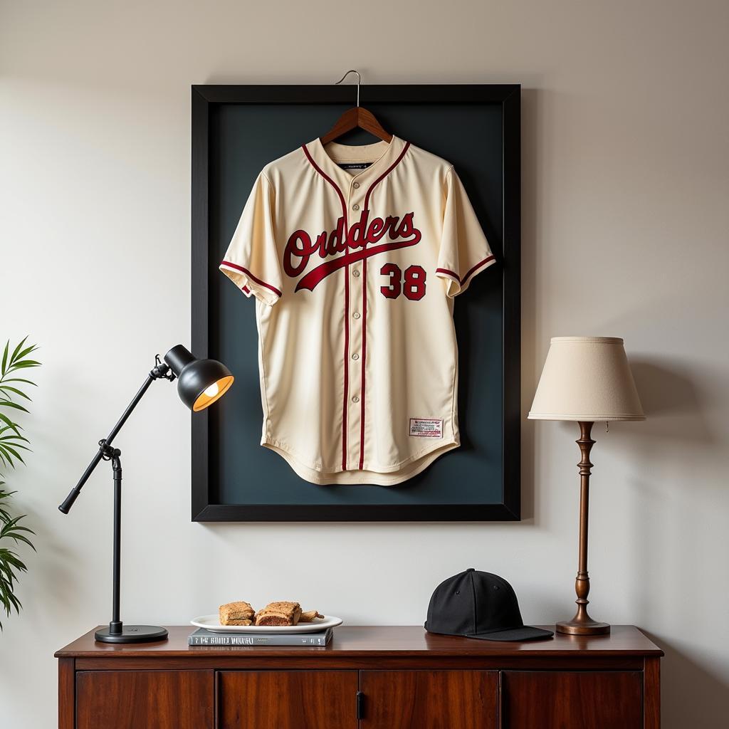 A framed vintage minor league baseball jersey displayed in a room.