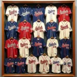 A collection of vintage minor league baseball shirts displayed on a wall