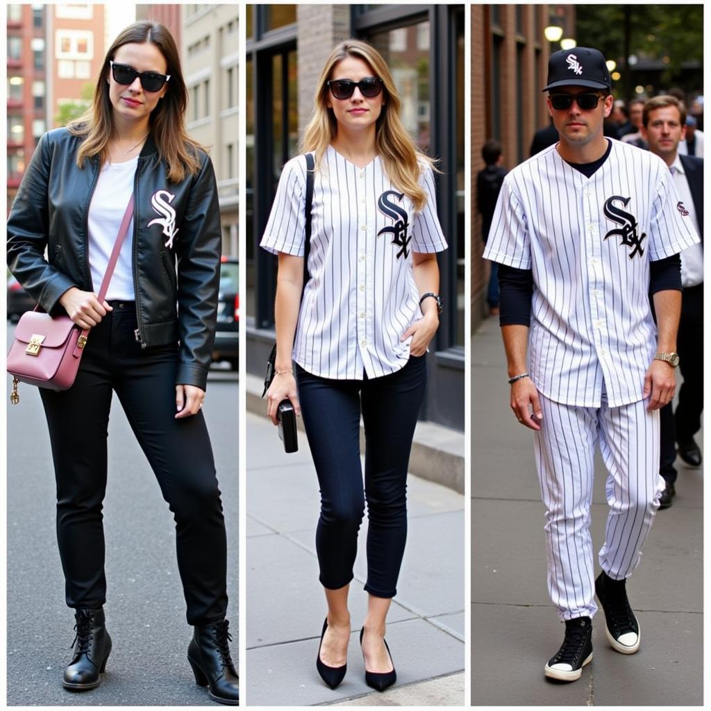 People wearing White Sox pinstriped apparel in various street style settings