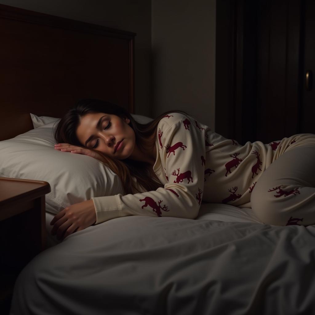 Woman Sleeping Comfortably in Moose Pajamas