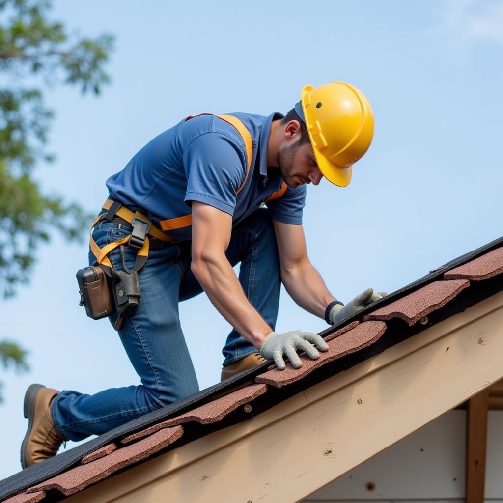 Worker Wearing Roof Helmet on Rooftop