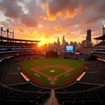 Panoramic view of a vibrant sunset over Wrigley Field