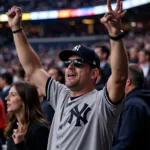 A fan wearing a Yankees skull cap at a baseball game, cheering enthusiastically.