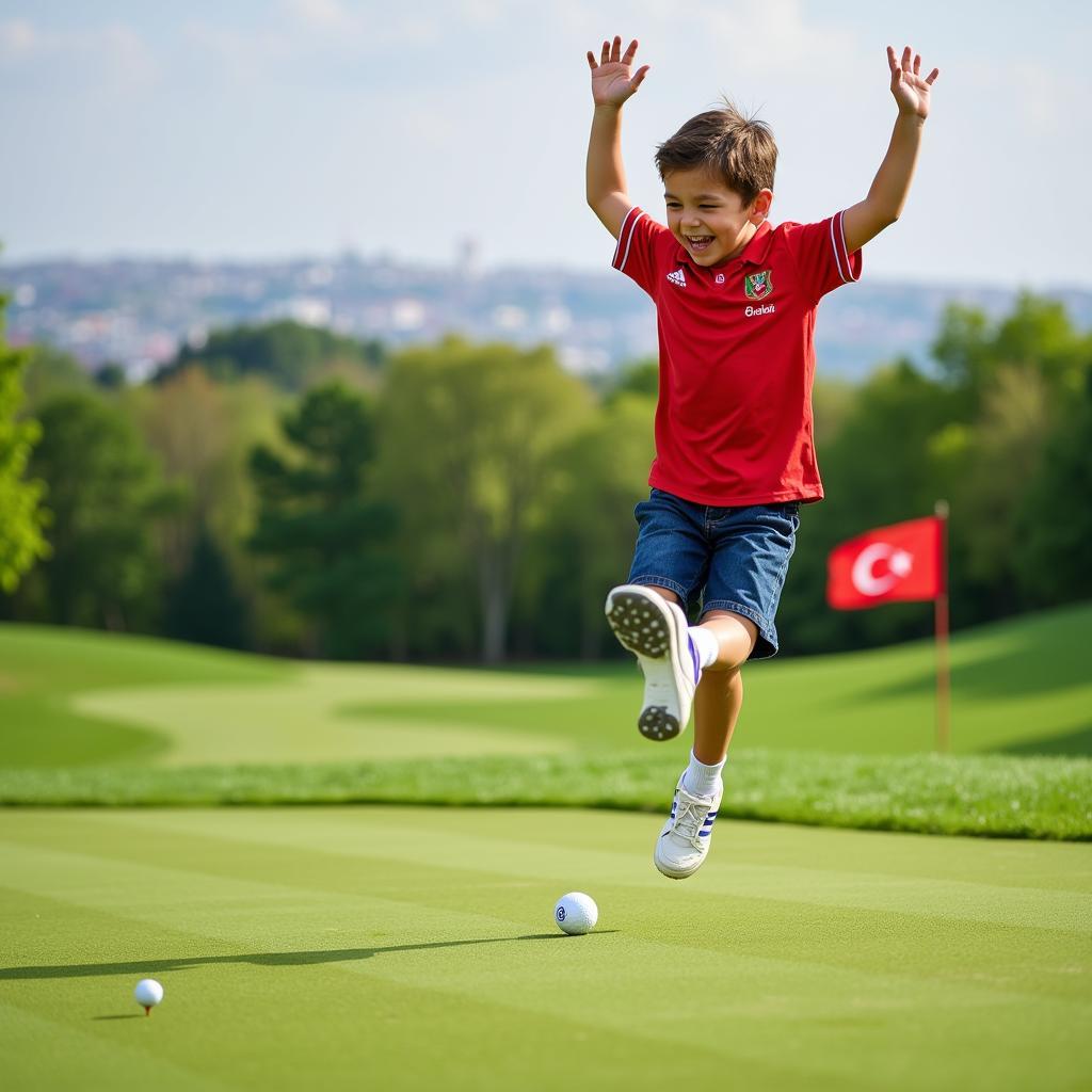 A young Beşiktaş fan celebrates sinking a putt with their new cubs golf ball.