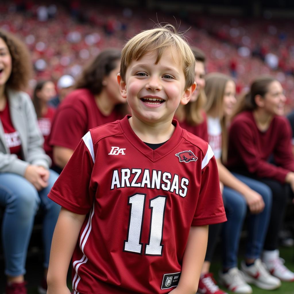 Young Fan Wearing Arkansas Razorback Jersey at a Game