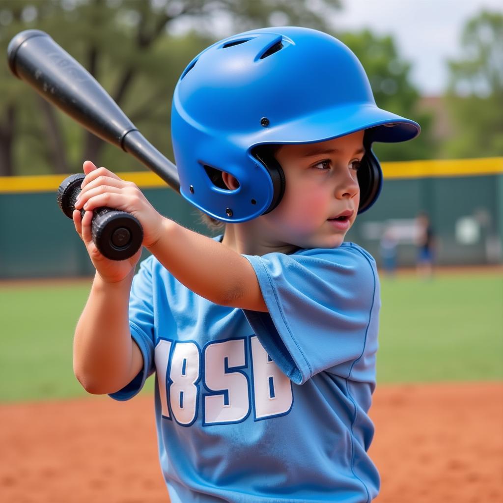 Youth Baseball Player Wearing a Carolina Blue Helmet