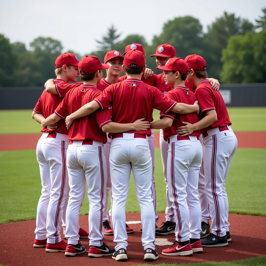 Youth Baseball Team Huddle with Red Belts Visible