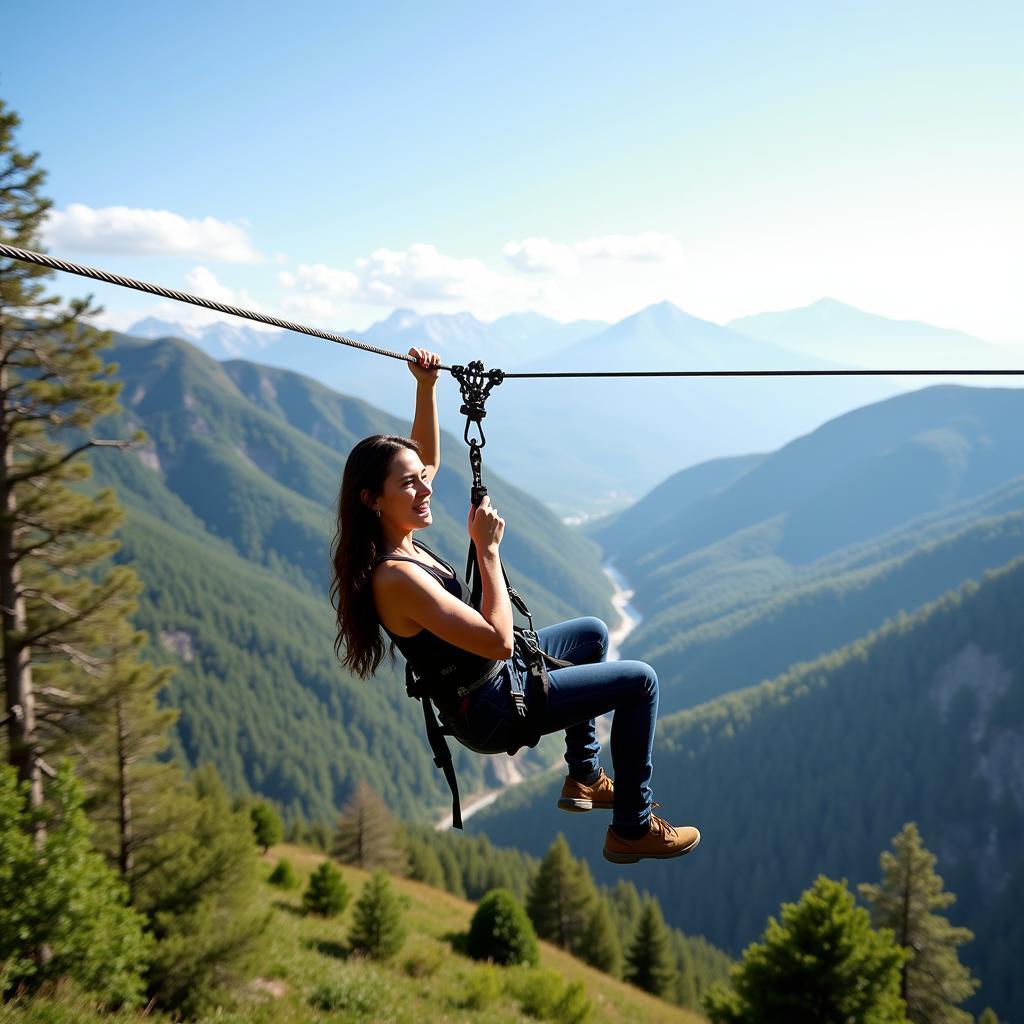 A person soaring through the air on a zip line, with a backdrop of a beautiful landscape.